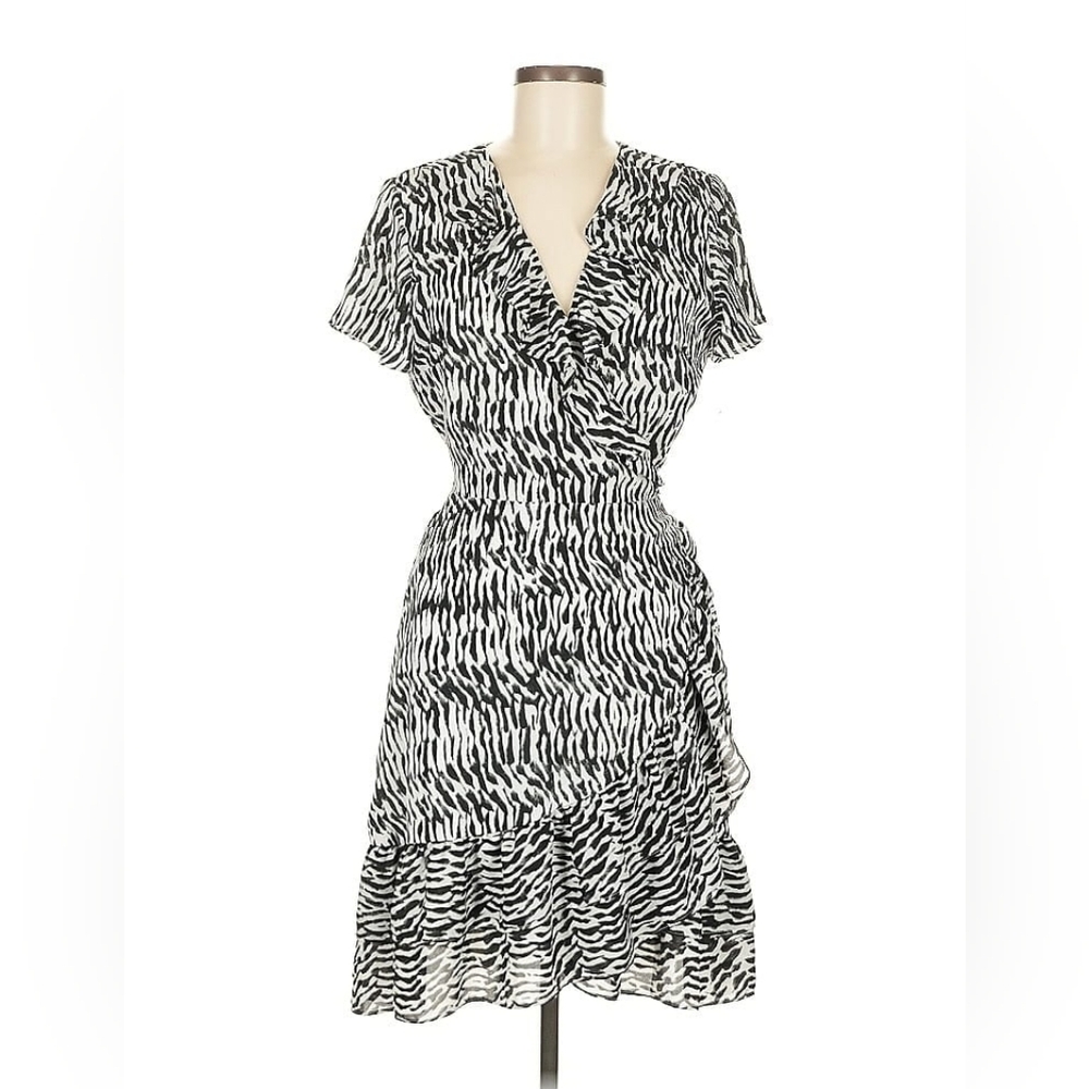INC International Concepts Animal Print V Neck Wrap Dress, Medium, Black/ White